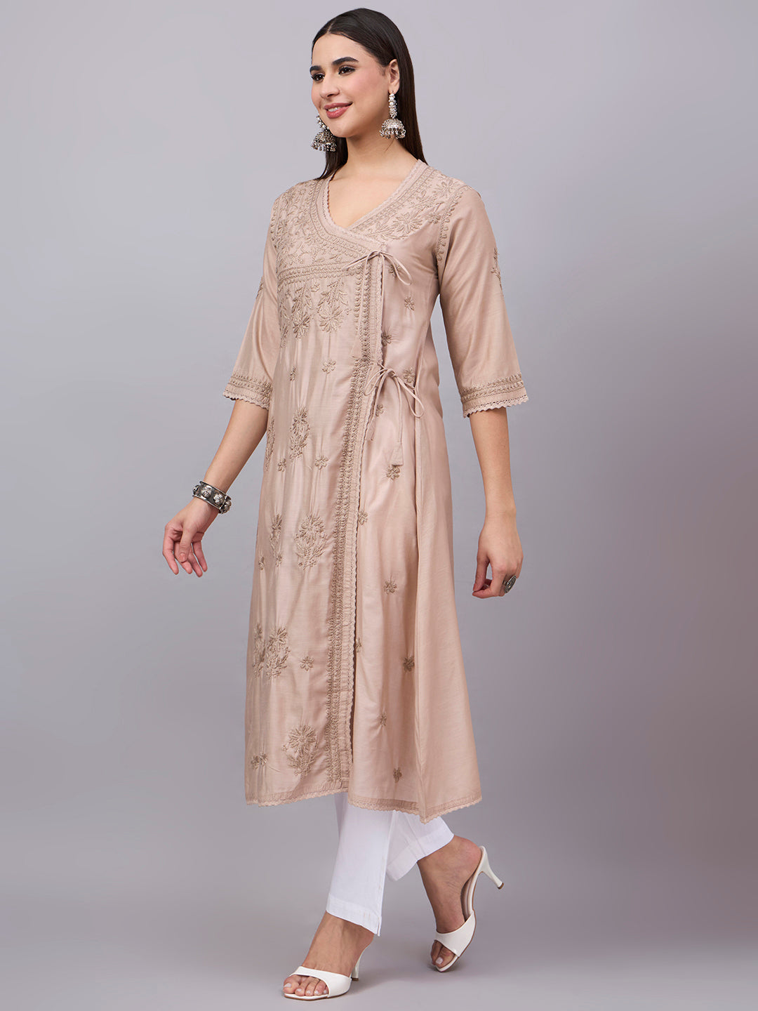 Women chikankari hand Embroidered Chanderi Angrakha kurta-AL3667 Beige