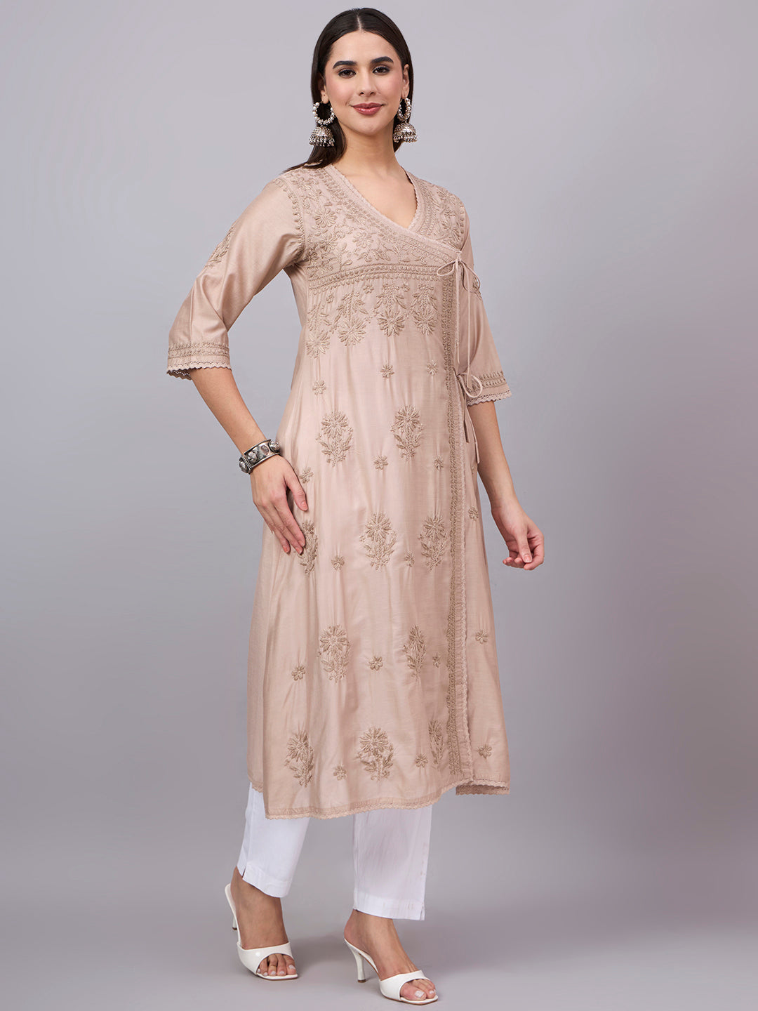 Women chikankari hand Embroidered Chanderi Angrakha kurta-AL3667 Beige