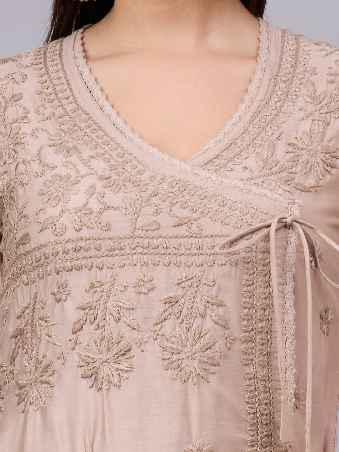 Women chikankari hand Embroidered Chanderi Angrakha kurta-AL3667 Beige