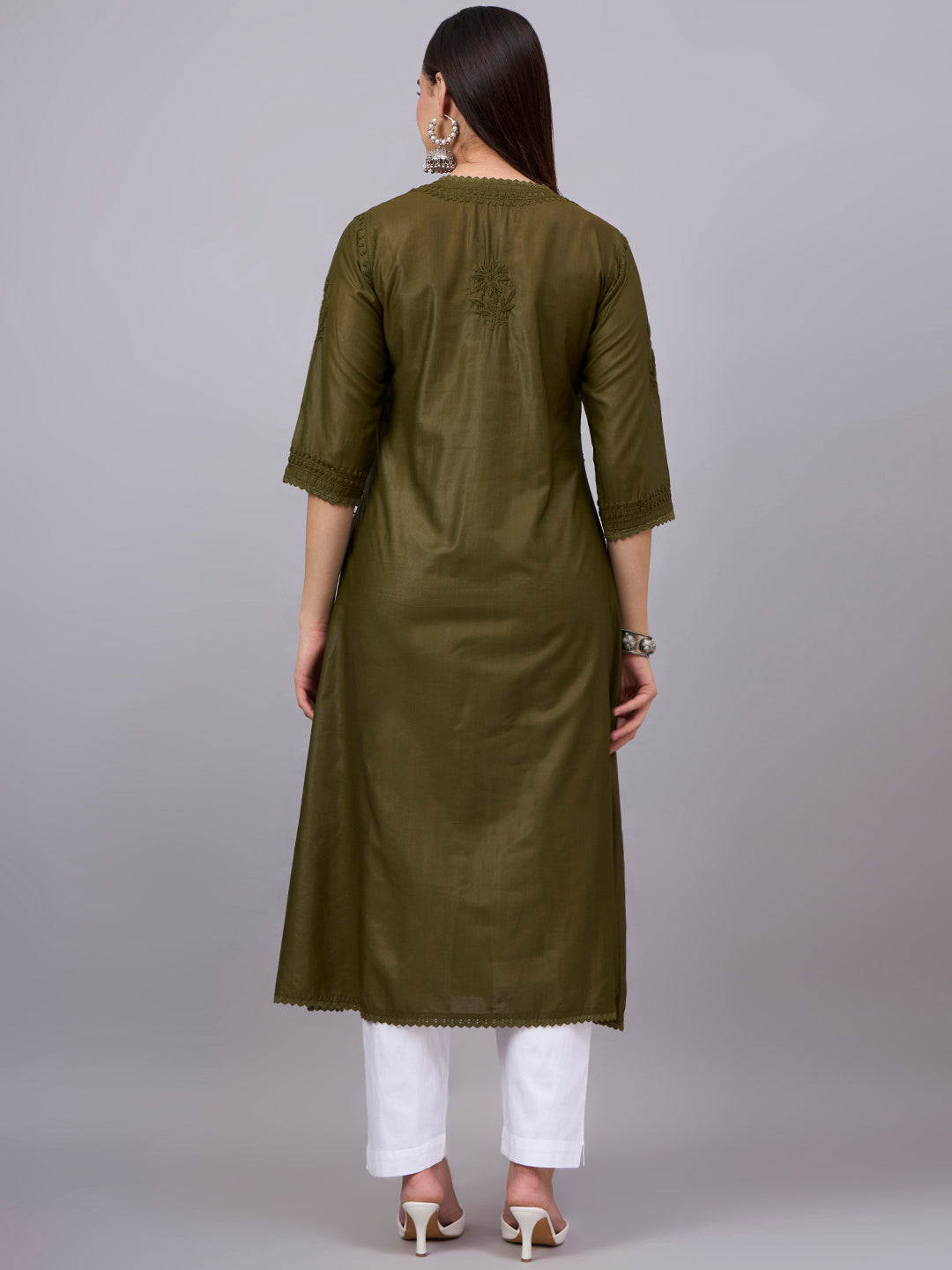 Women chikankari hand Embroidered Chanderi Angrakha kurta-AL3667 Beige