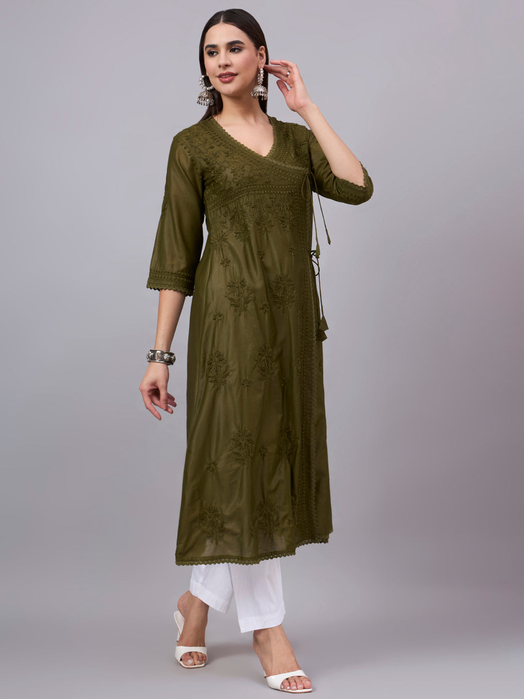 Women chikankari hand Embroidered Chanderi Angrakha kurta-AL3667 Olive