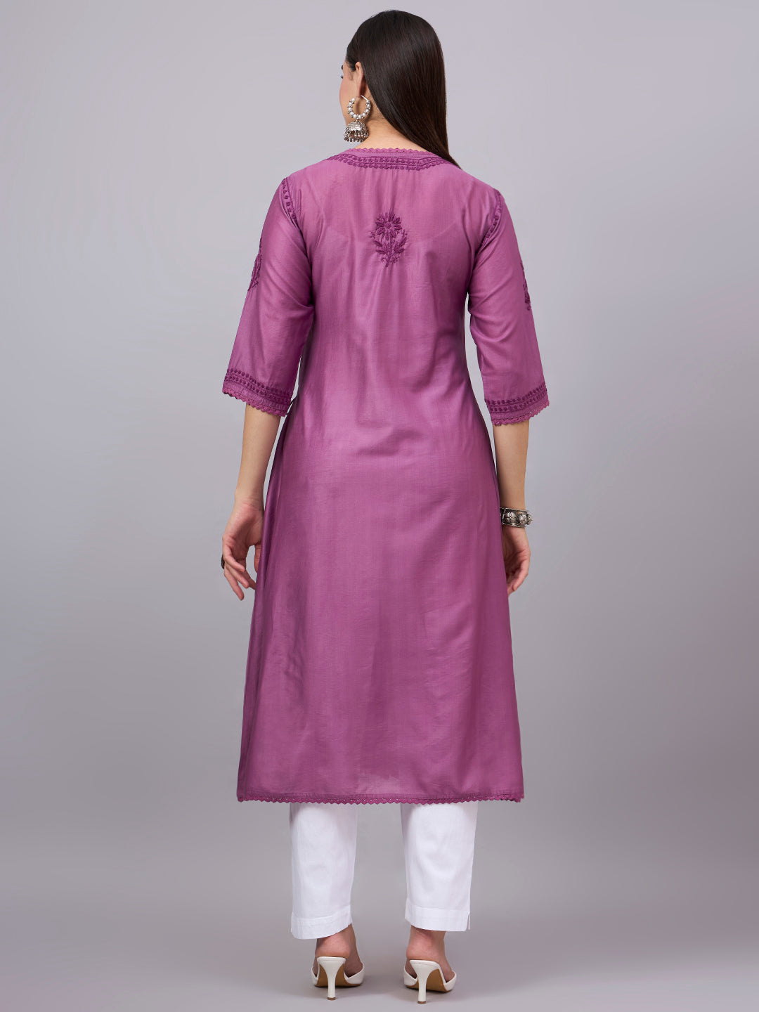 Women chikankari hand Embroidered Chanderi Angrakha kurta-AL3667 Mauve