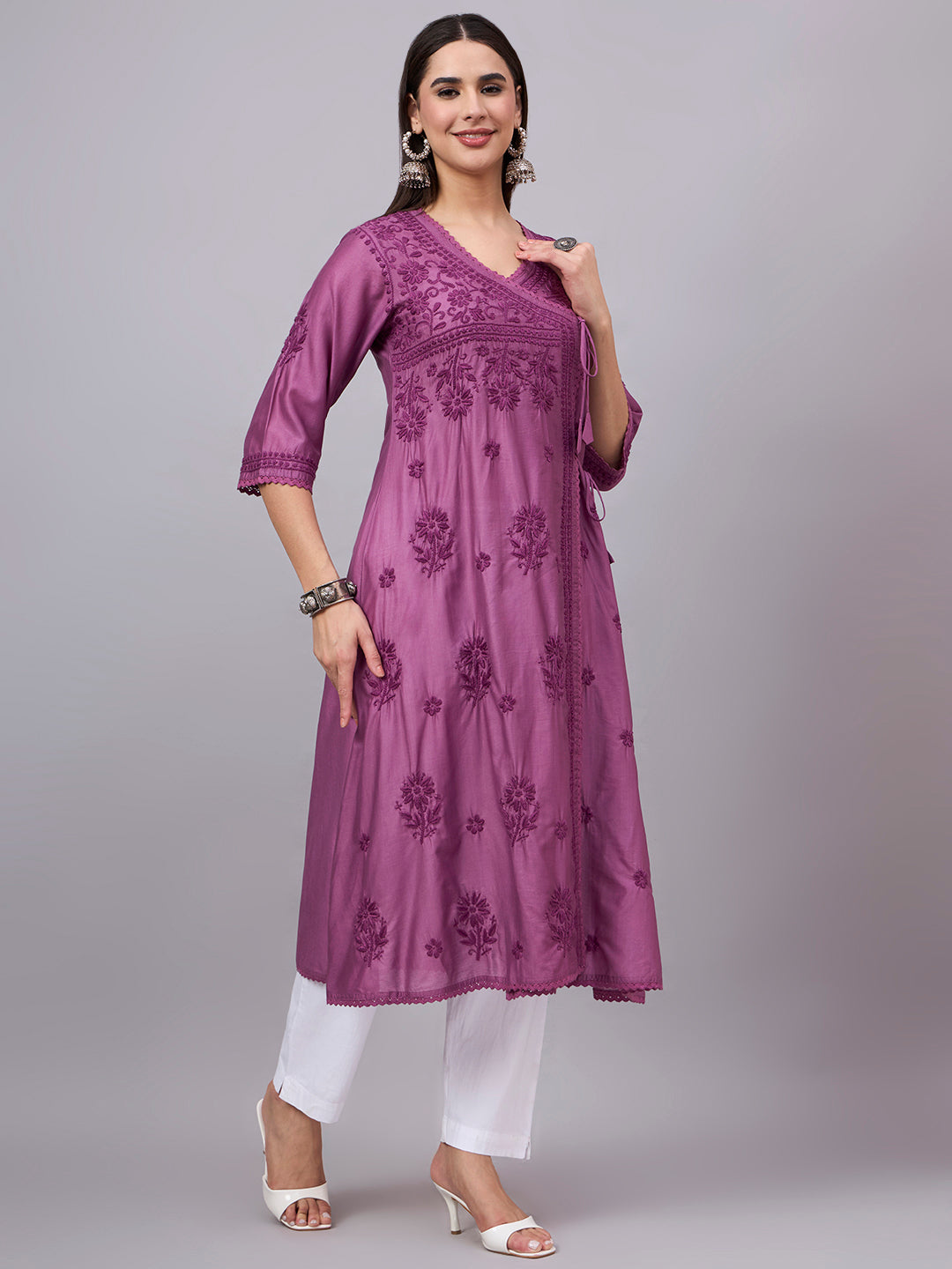 Women chikankari hand Embroidered Chanderi Angrakha kurta-AL3667 Mauve
