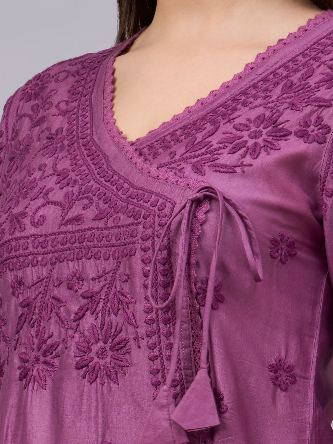 Women chikankari hand Embroidered Chanderi Angrakha kurta-AL3667 Mauve