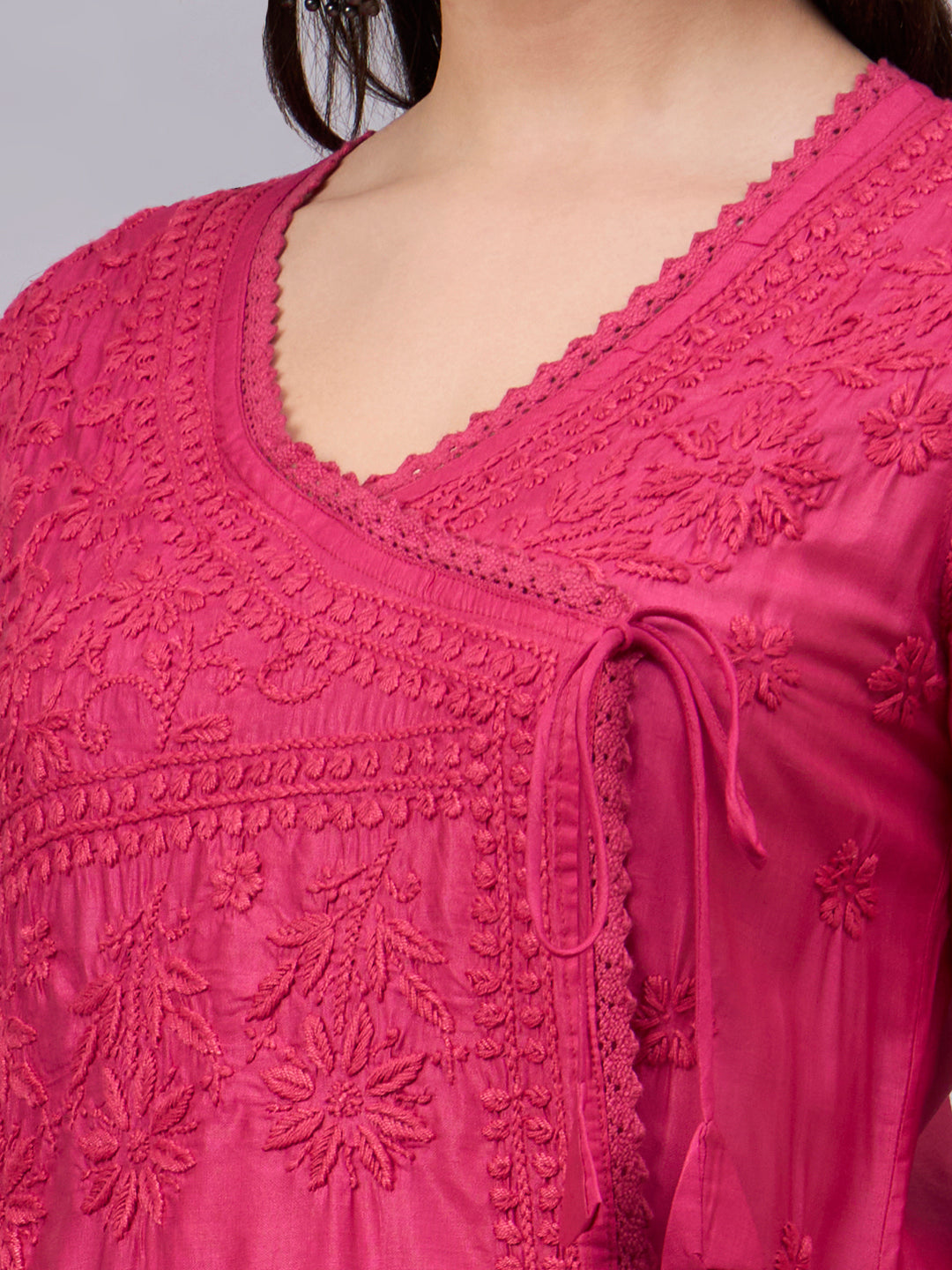 Women chikankari hand Embroidered Chanderi Angrakha kurta-AL3667 Magenta