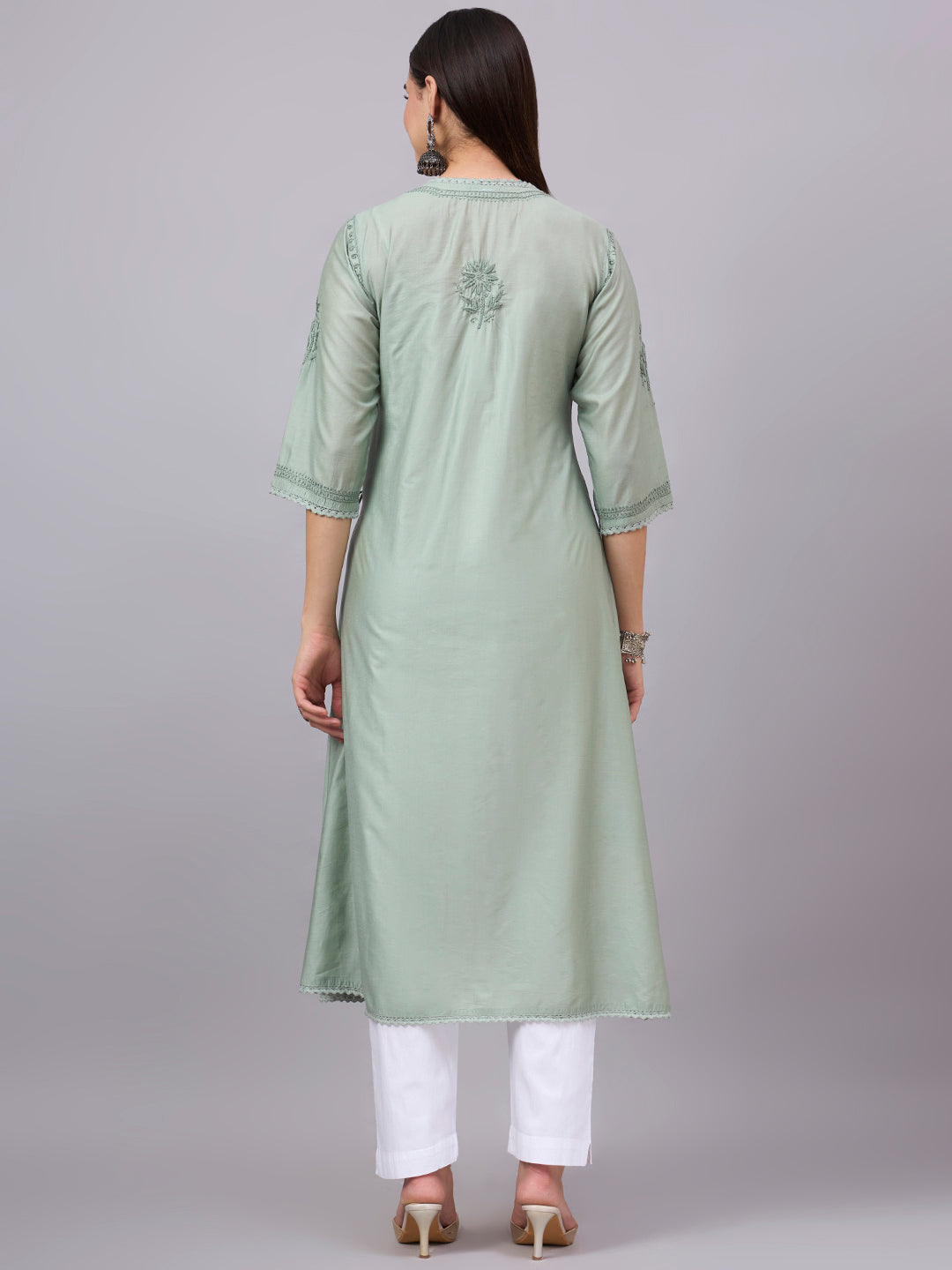 Women chikankari hand Embroidered Chanderi Angrakha kurta-AL3667 Seagreen