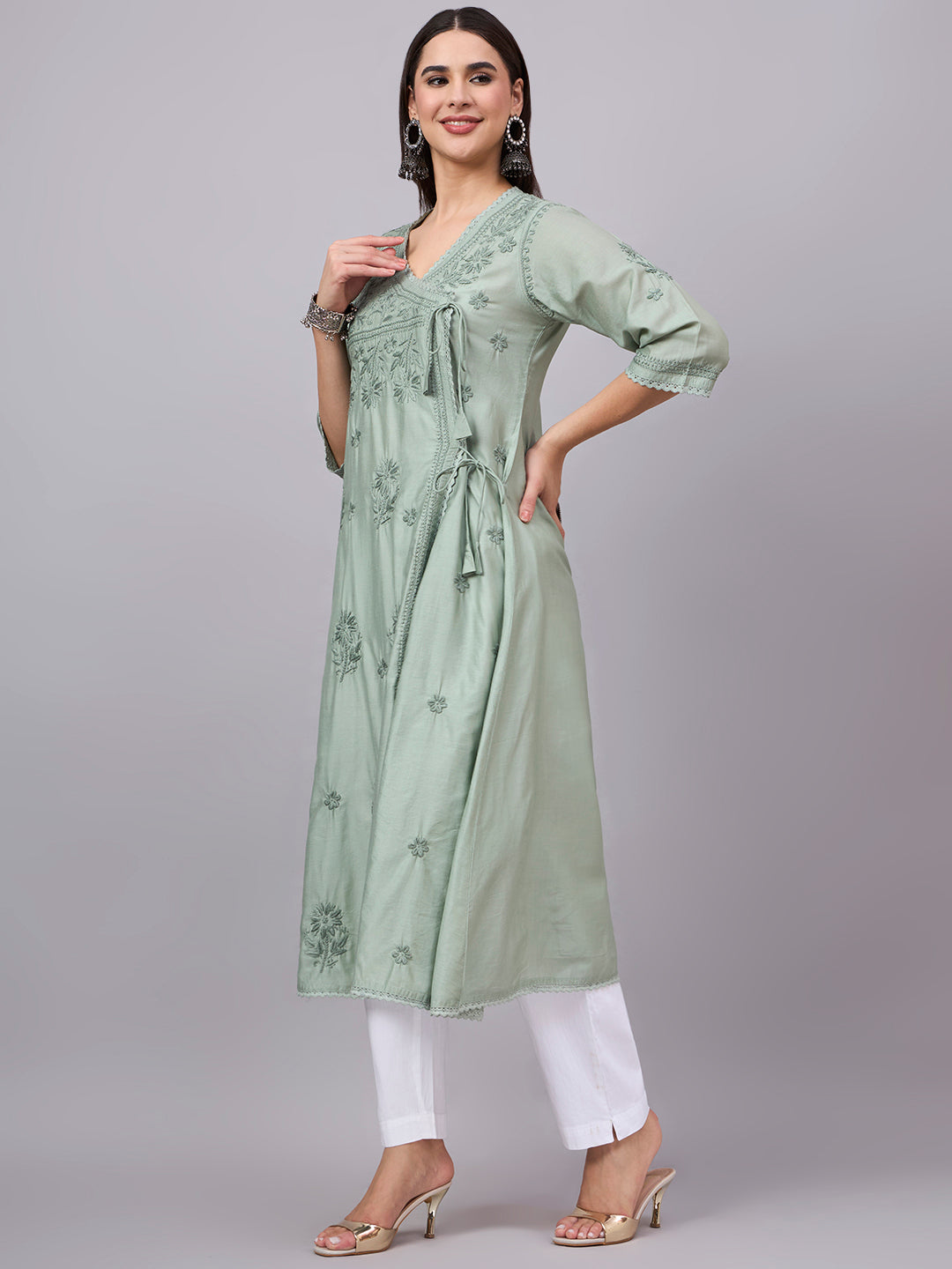 Women chikankari hand Embroidered Chanderi Angrakha kurta-AL3667 Seagreen