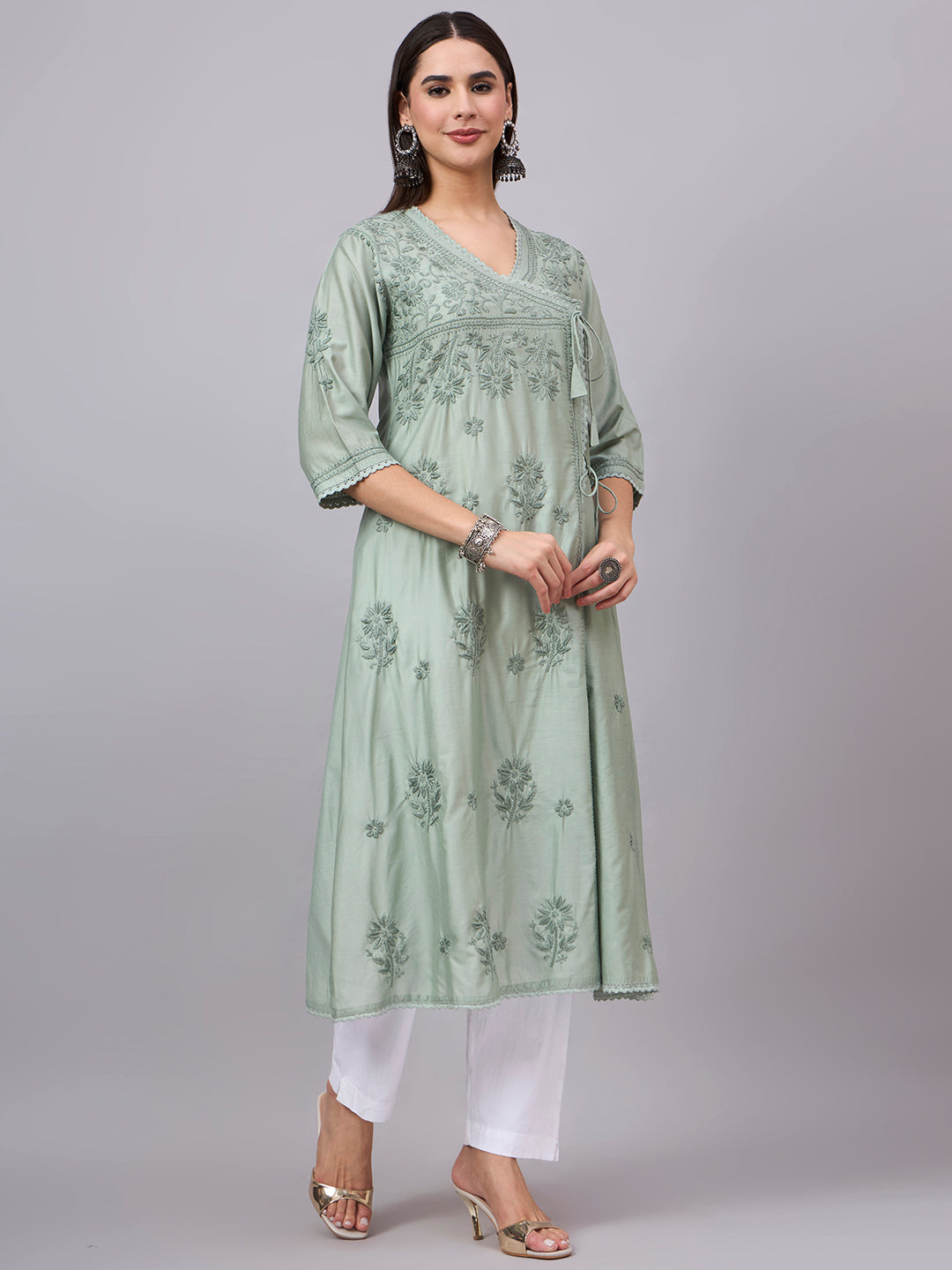 Women chikankari hand Embroidered Chanderi Angrakha kurta-AL3667 Seagreen