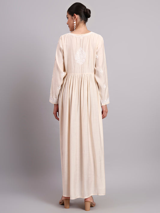 Hand Embroidered Chikankari Chanderi Jalabiya-AL4087 Beige
