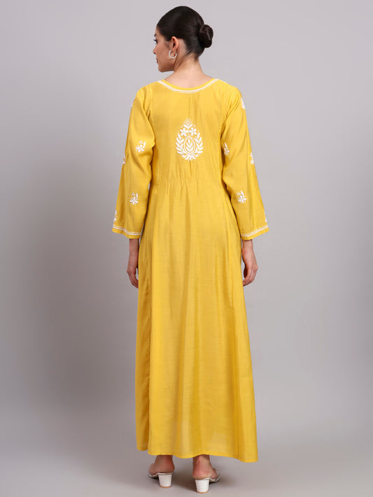 Hand Embroidered Chikankari Chanderi Jalabiya-AL4088 Yellow
