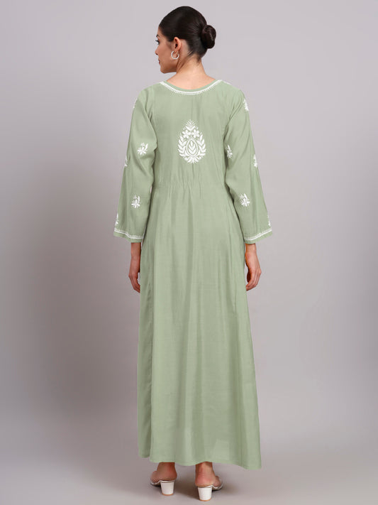 Hand Embroidered Chikankari Chanderi Jalabiya-AL4088 Green