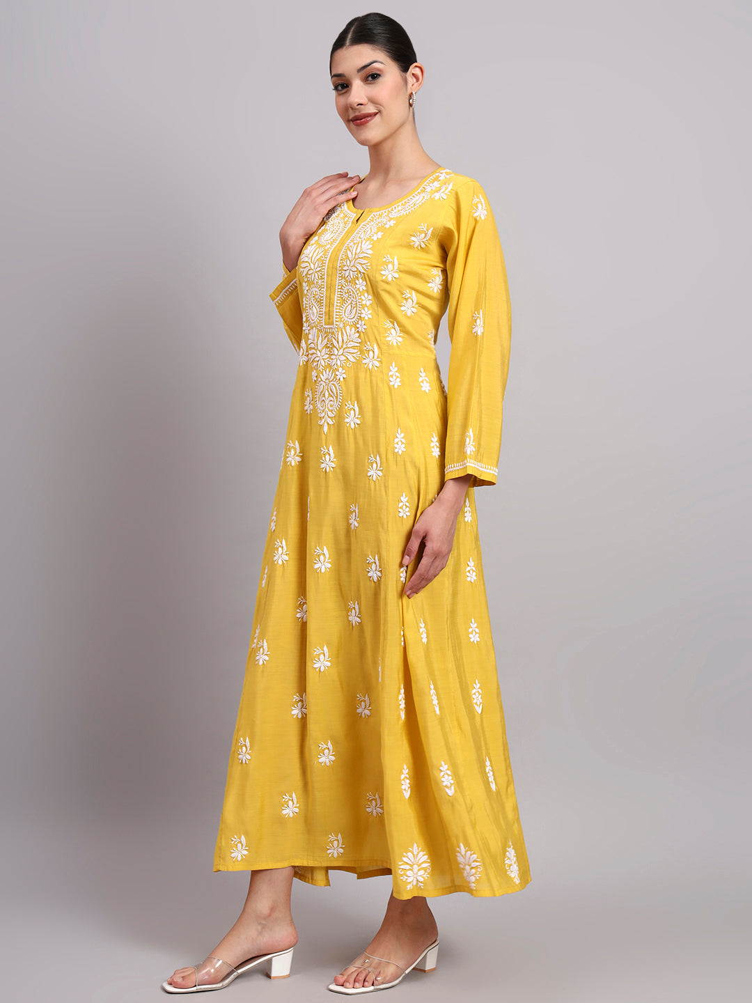 Hand Embroidered Chikankari Chanderi Jalabiya-AL4088 Yellow