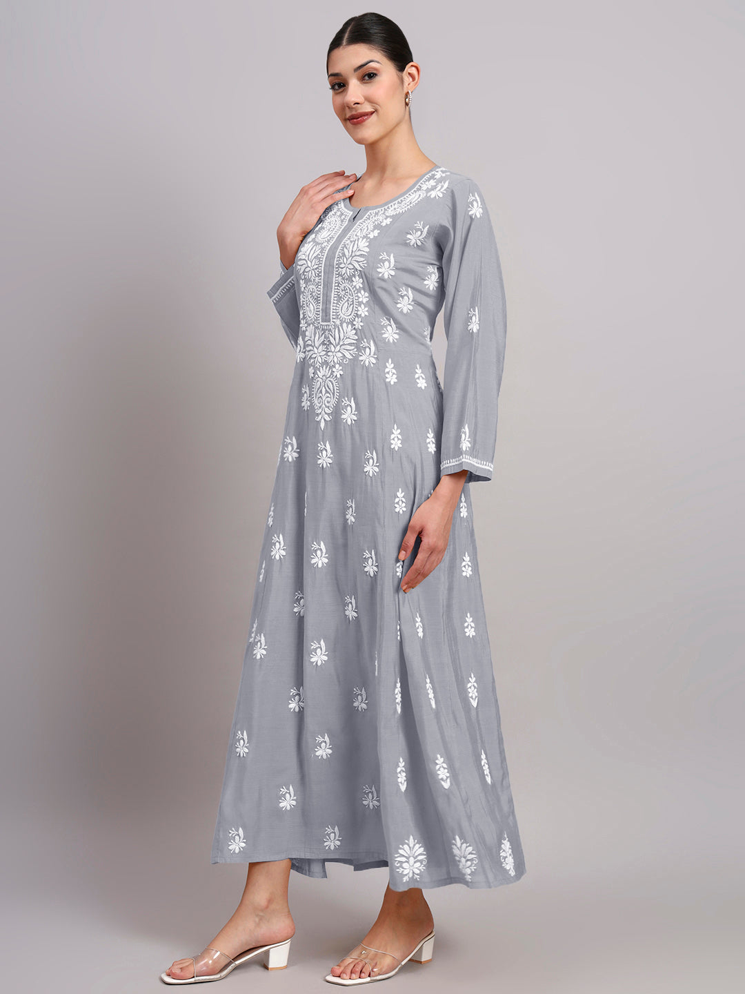 Hand Embroidered Chikankari Chanderi Jalabiya-AL4088 Grey
