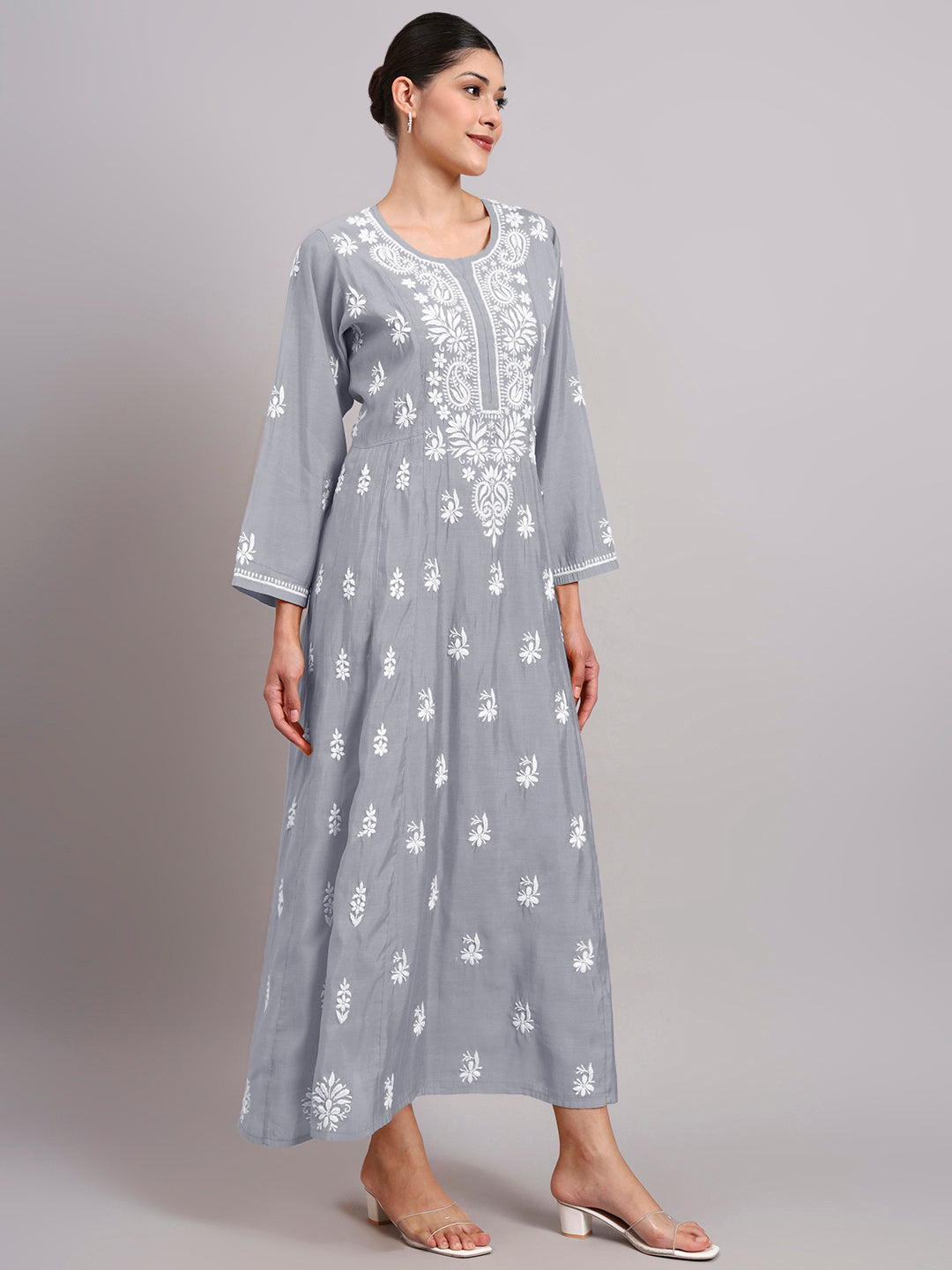 Hand Embroidered Chikankari Chanderi Jalabiya-AL4088 Grey