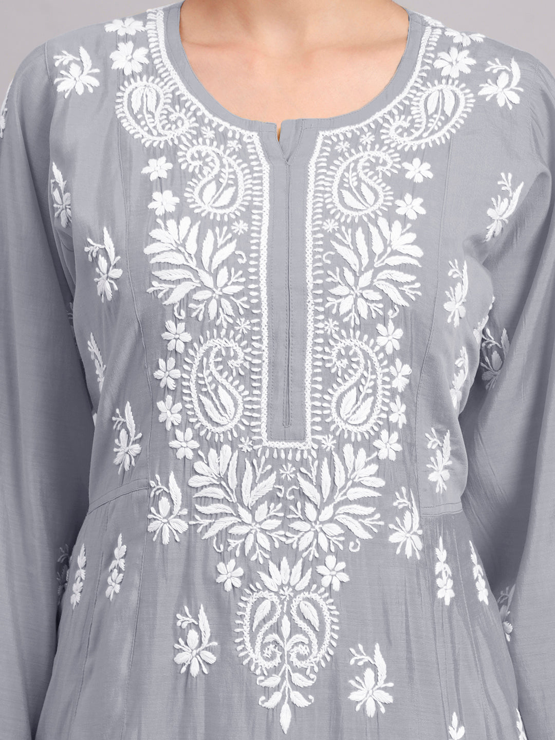 Hand Embroidered Chikankari Chanderi Jalabiya-AL4088 Grey
