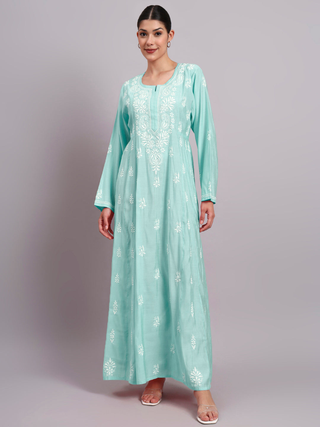 Hand Embroidered Chikankari Chanderi Jalabiya-AL4088 Seagreen
