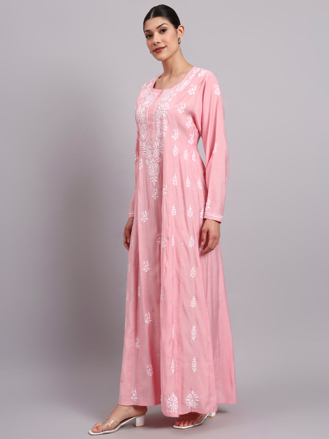 Hand Embroidered Chikankari Chanderi Jalabiya-AL4088 Pink