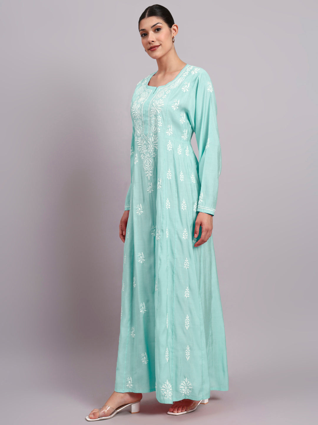 Hand Embroidered Chikankari Chanderi Jalabiya-AL4088 Seagreen