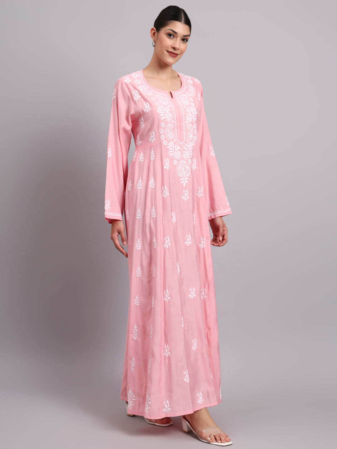 Hand Embroidered Chikankari Chanderi Jalabiya-AL4088 Pink