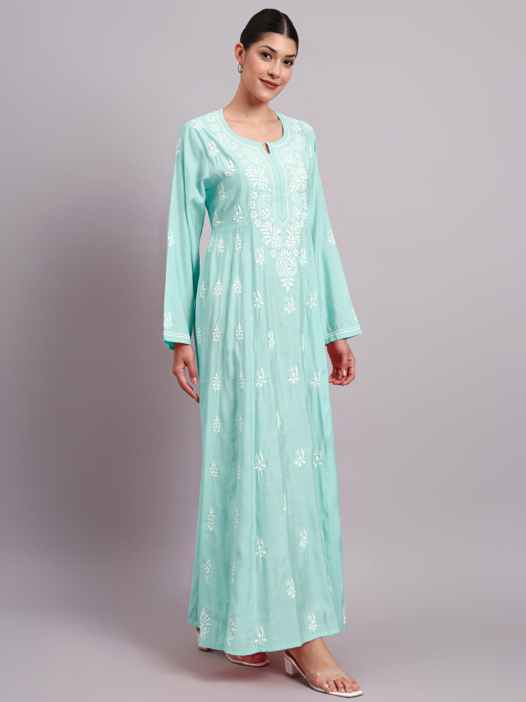 Hand Embroidered Chikankari Chanderi Jalabiya-AL4088 Seagreen