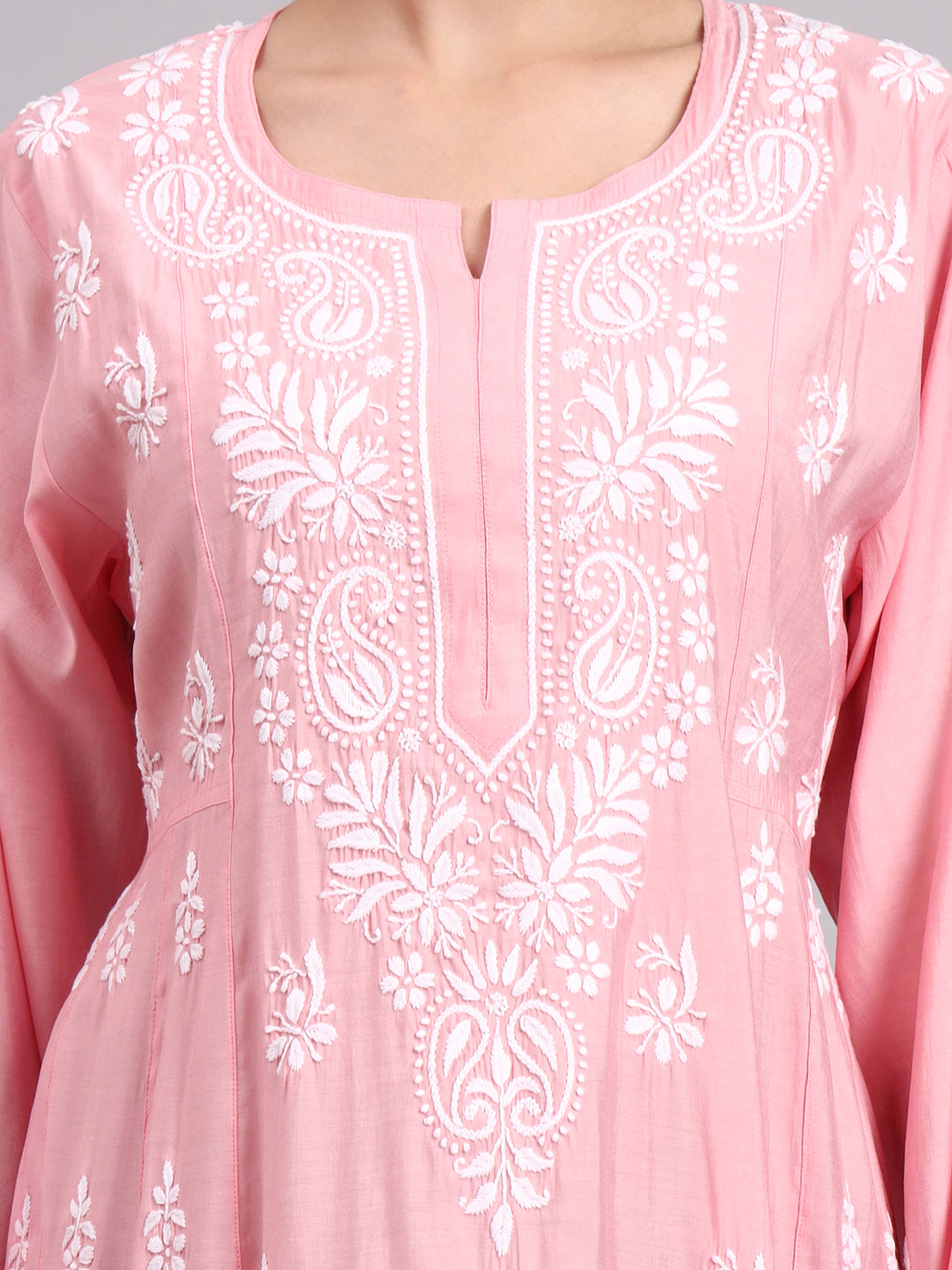 Hand Embroidered Chikankari Chanderi Jalabiya-AL4088 Pink