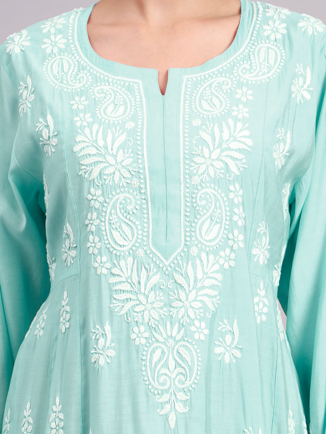 Hand Embroidered Chikankari Chanderi Jalabiya-AL4088 Seagreen