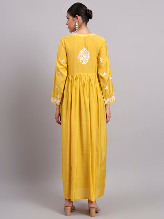 Hand Embroidered Chikankari Chanderi Jalabiya-AL4087 Yellow
