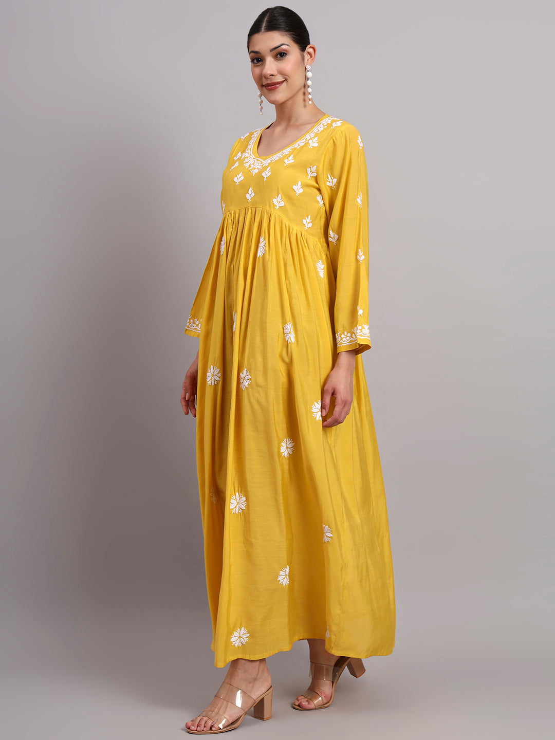 Hand Embroidered Chikankari Chanderi Jalabiya-AL4087 Yellow