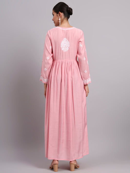 Hand Embroidered Chikankari Chanderi Jalabiya-AL4087 Pink
