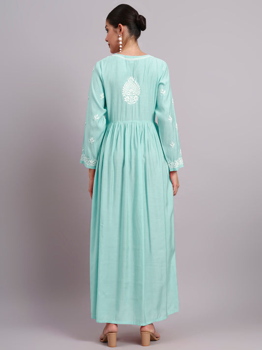 Hand Embroidered Chikankari Chanderi Jalabiya-AL4087 Seagreen