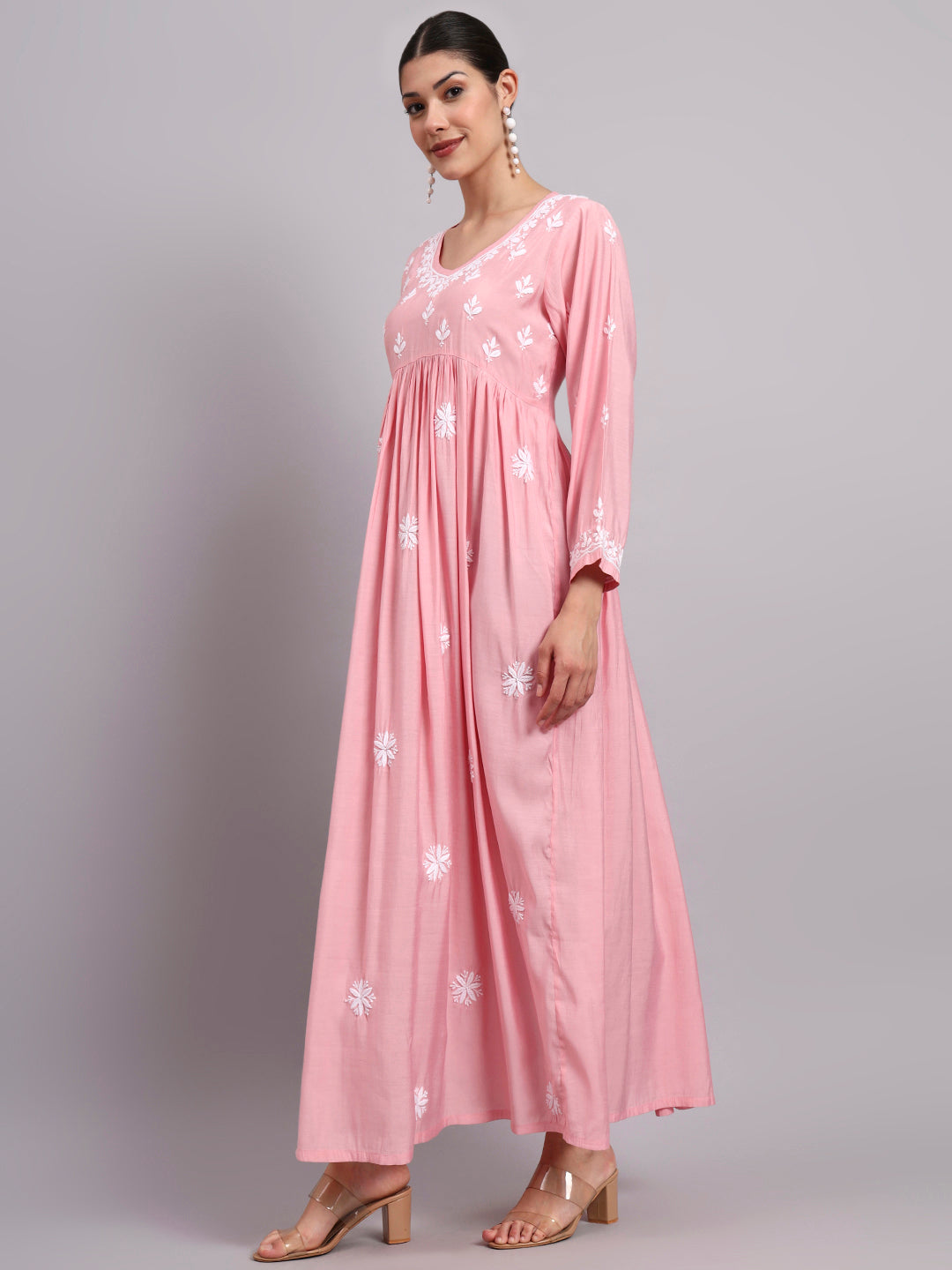 Hand Embroidered Chikankari Chanderi Jalabiya-AL4087 Pink