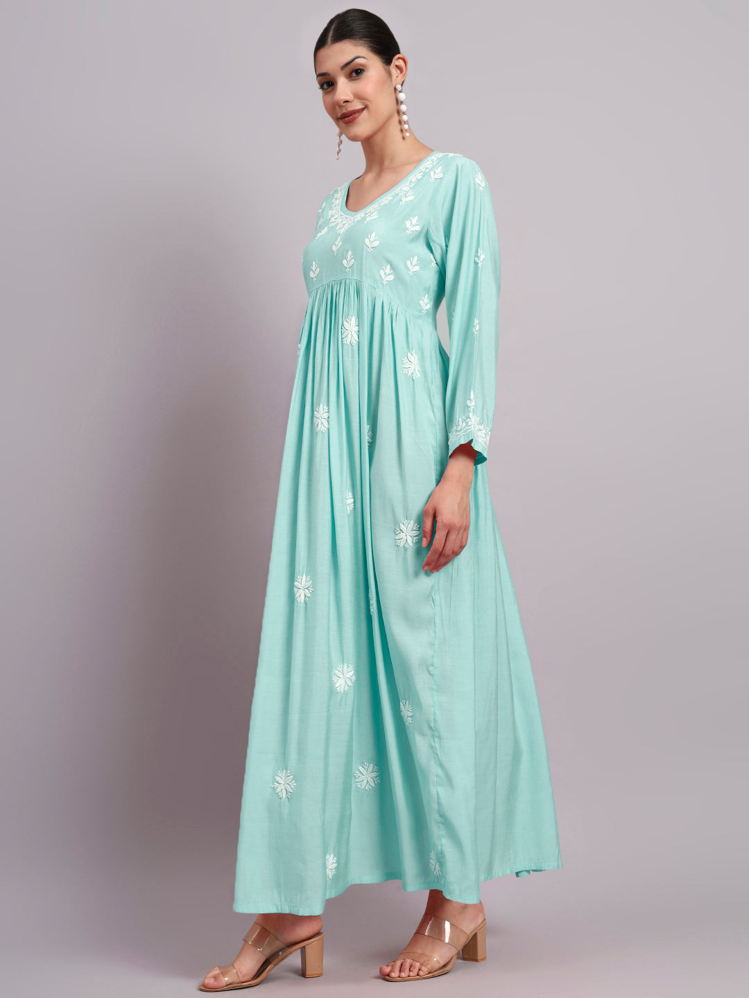 Hand Embroidered Chikankari Chanderi Jalabiya-AL4087 Seagreen