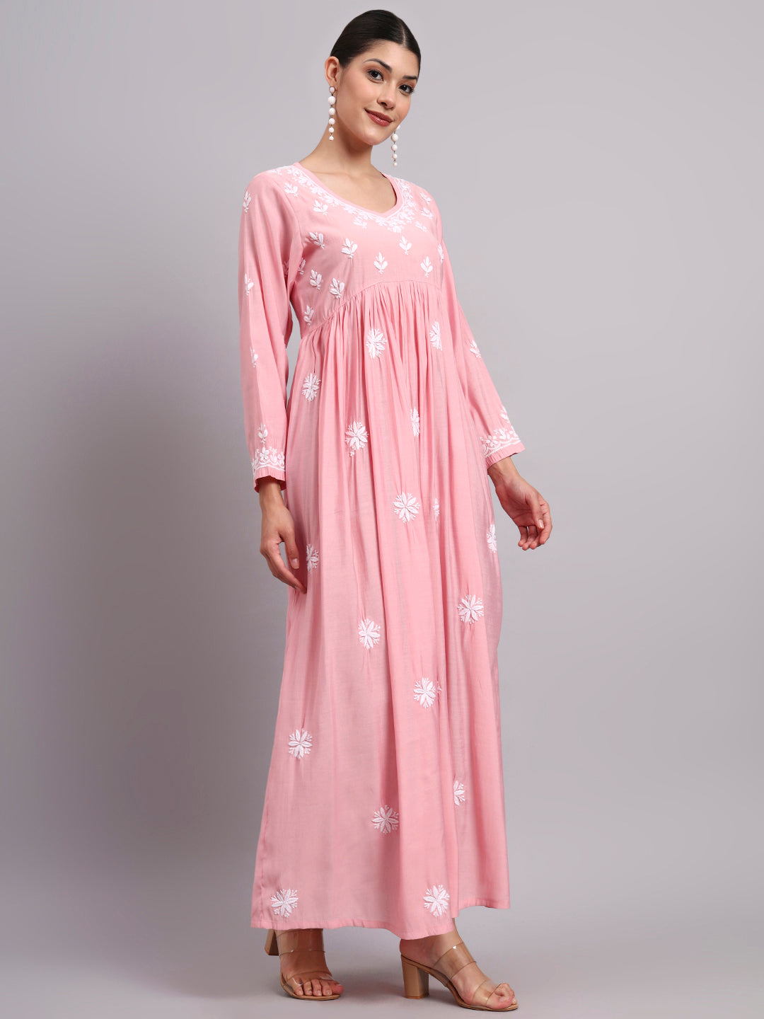Hand Embroidered Chikankari Chanderi Jalabiya-AL4087 Pink