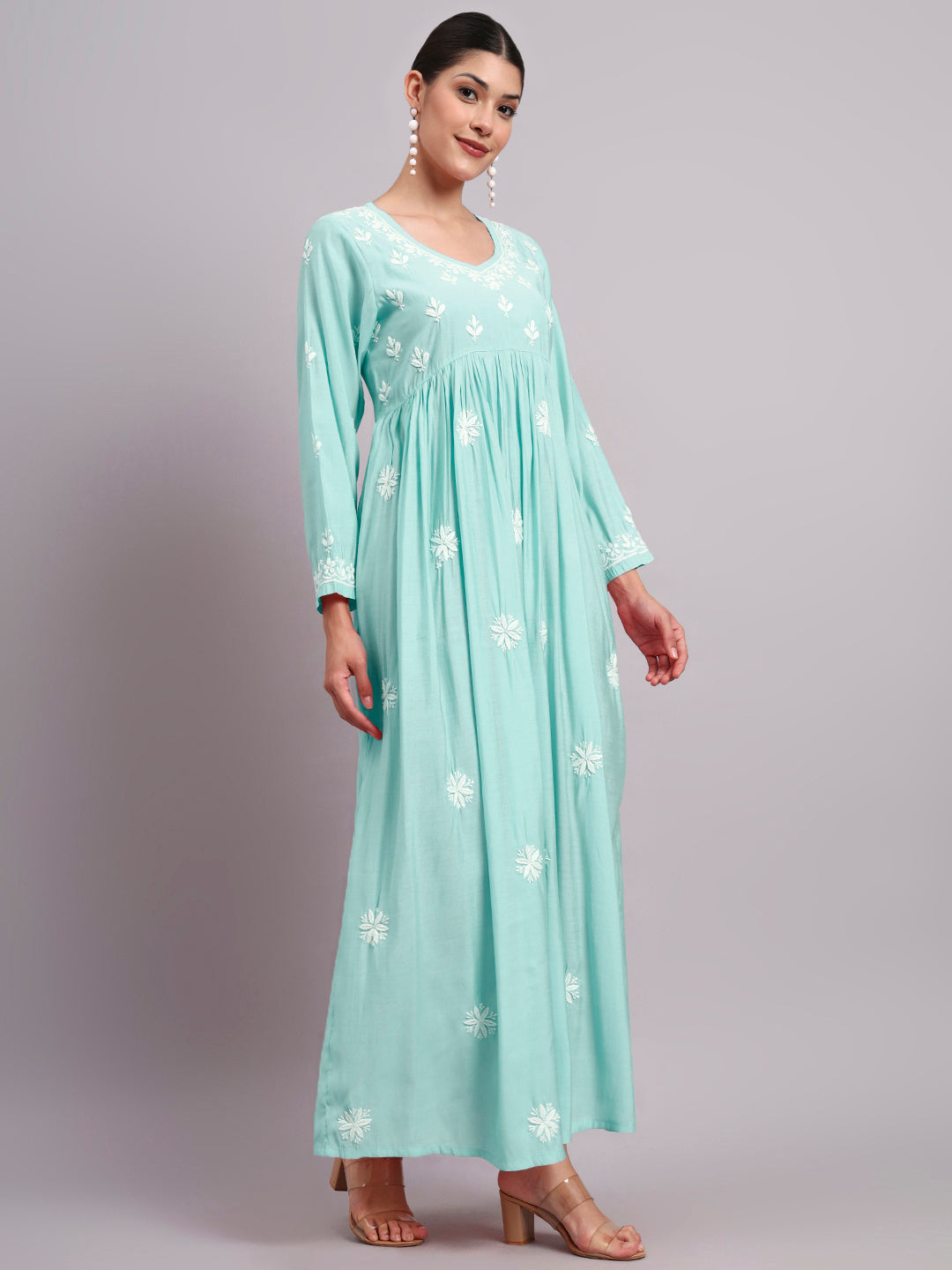 Hand Embroidered Chikankari Chanderi Jalabiya-AL4087 Seagreen