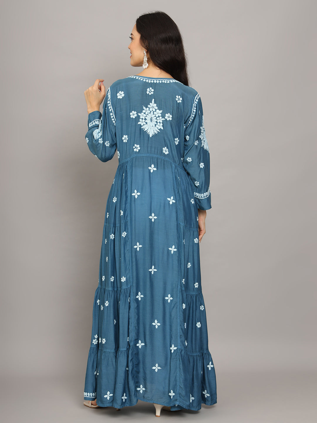Women Hand Embroidered Chikankari Muslin Jalabiyas-AL4044 Green