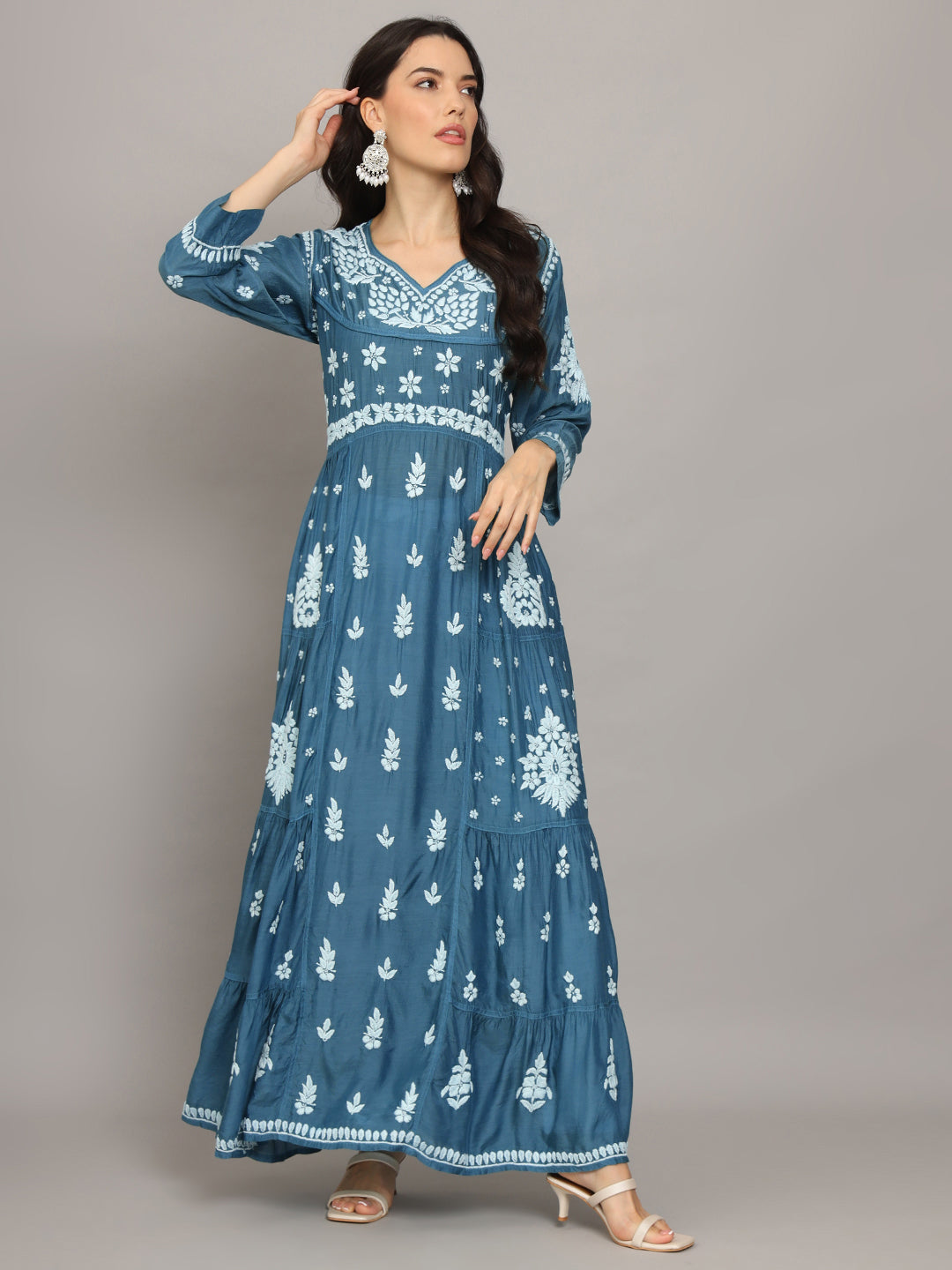 Women Hand Embroidered Chikankari Muslin Jalabiyas-AL4044 Green