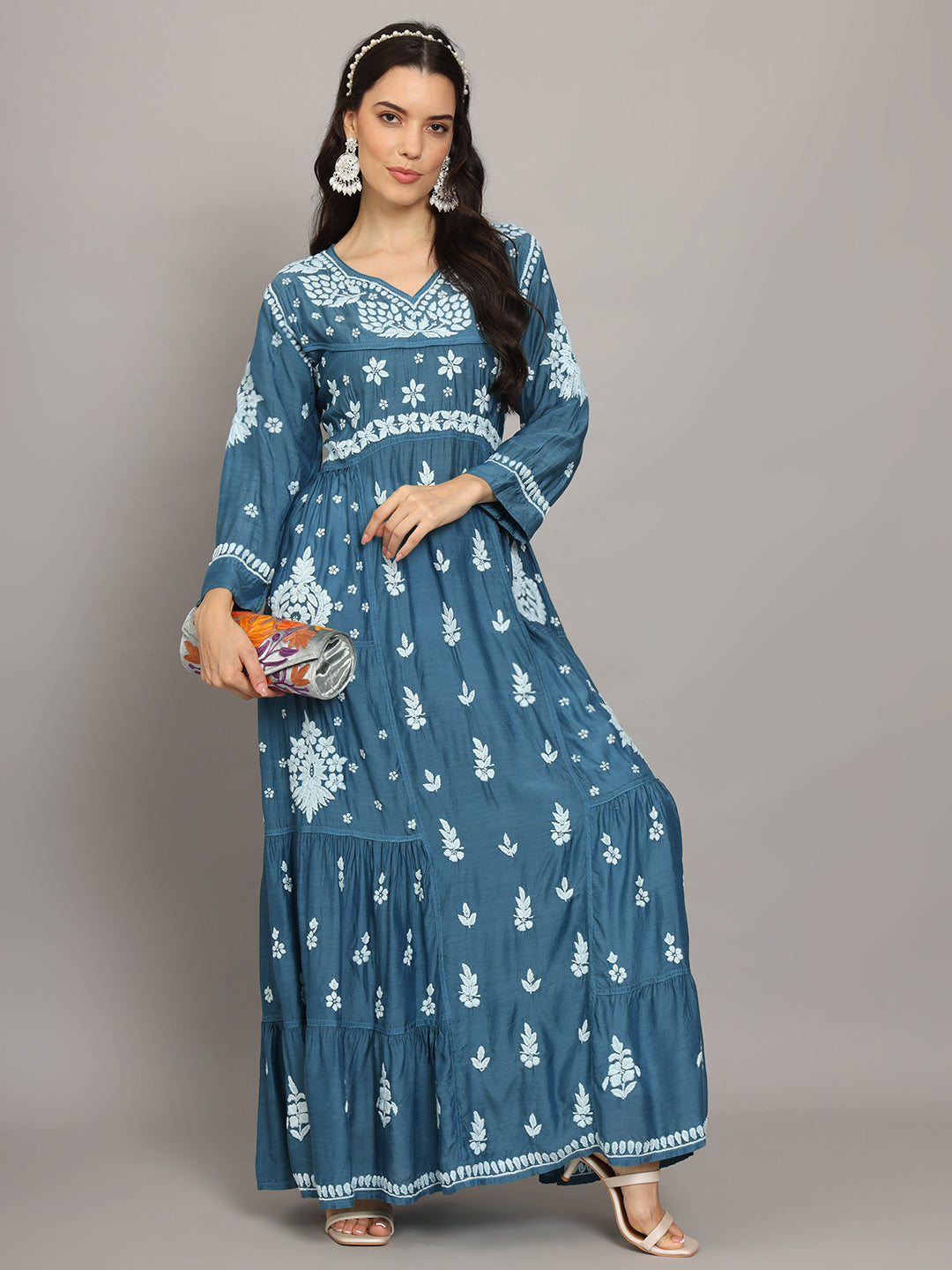 Women Hand Embroidered Chikankari Muslin Jalabiyas-AL4044 Teal