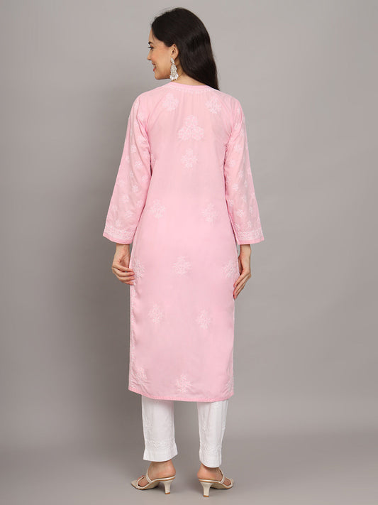 Women Hand Embroidered Chikankari Cotton Kurta-AL4043 Pink