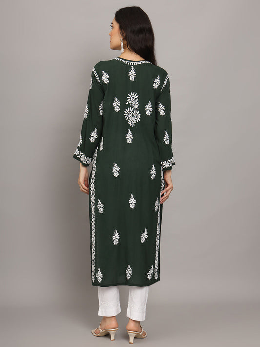 Women Chikankari Hand Embroidered Modal Kurta -AL4042 Darkgreen
