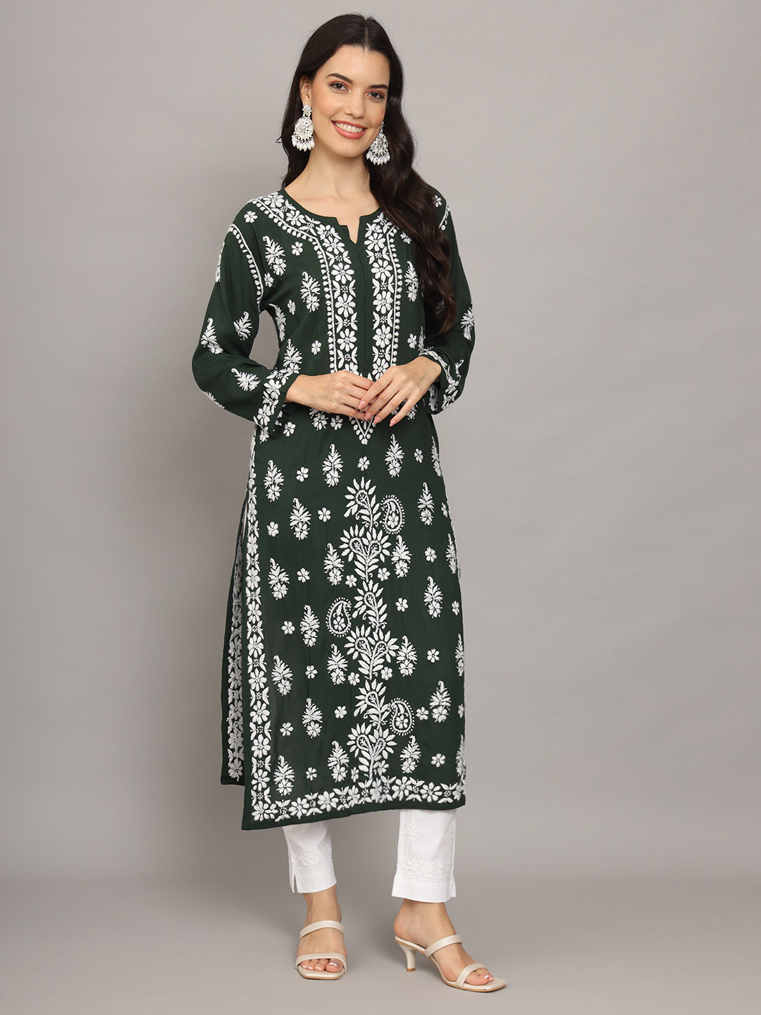 Women Chikankari Hand Embroidered Modal Kurta -AL4042 Darkgreen