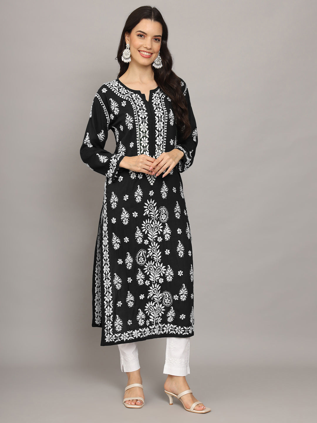 Women Chikankari Hand Embroidered Modal Kurta -AL4042 Black