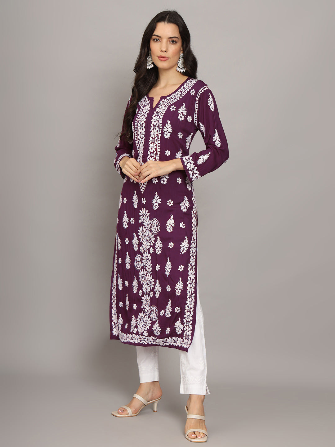 Women Chikankari Hand Embroidered Modal Kurta -AL4042 Purple