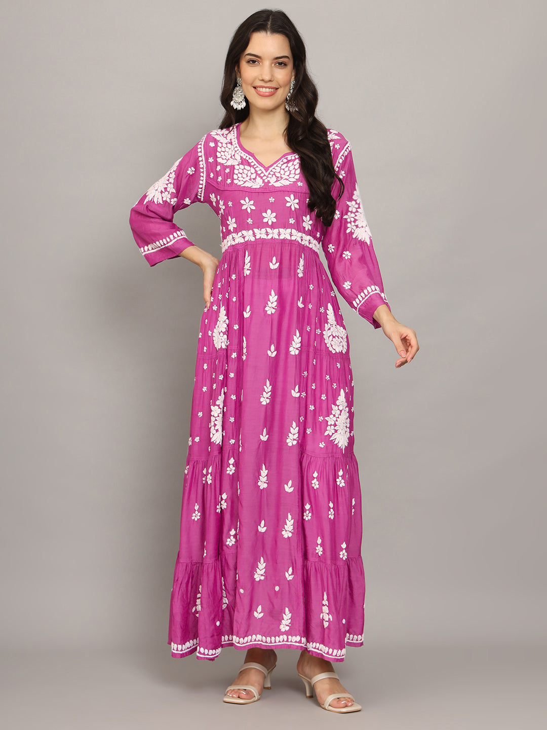Women Hand Embroidered Chikankari Muslin Jalabiyas-AL4044 Pink