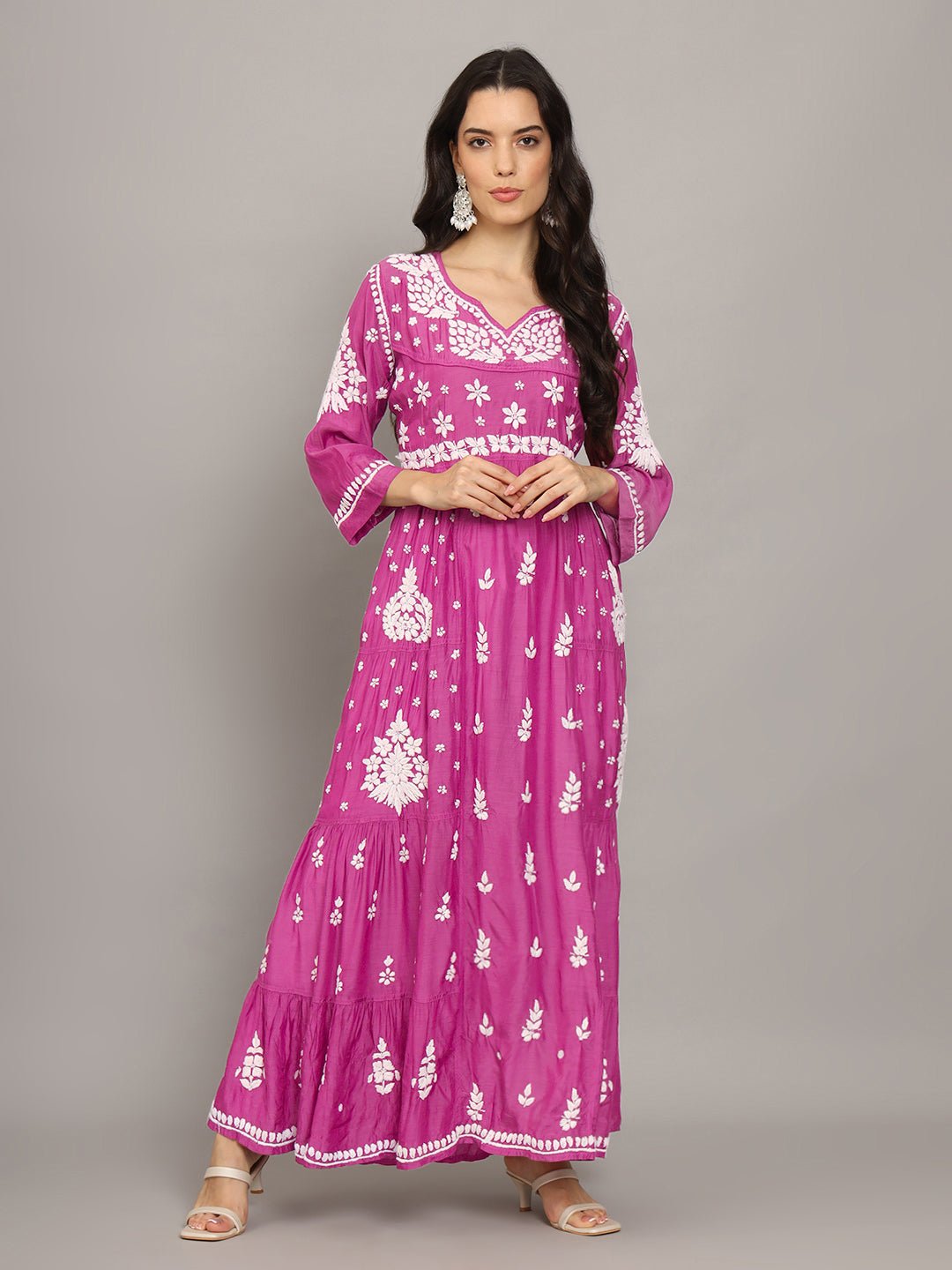 Women Hand Embroidered Chikankari Muslin Jalabiyas-AL4044 Pink