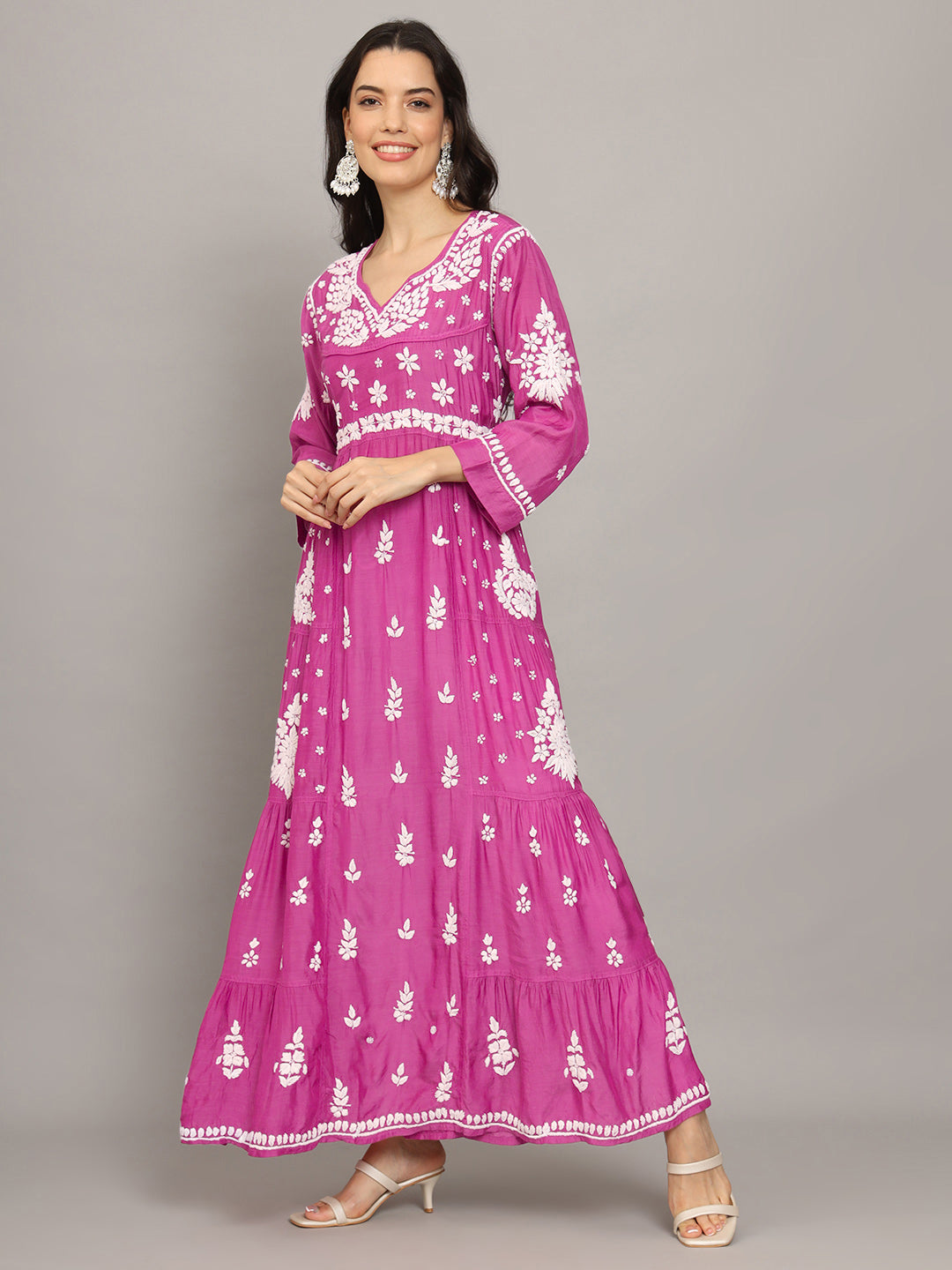 Women Hand Embroidered Chikankari Muslin Jalabiyas-AL4044 Pink