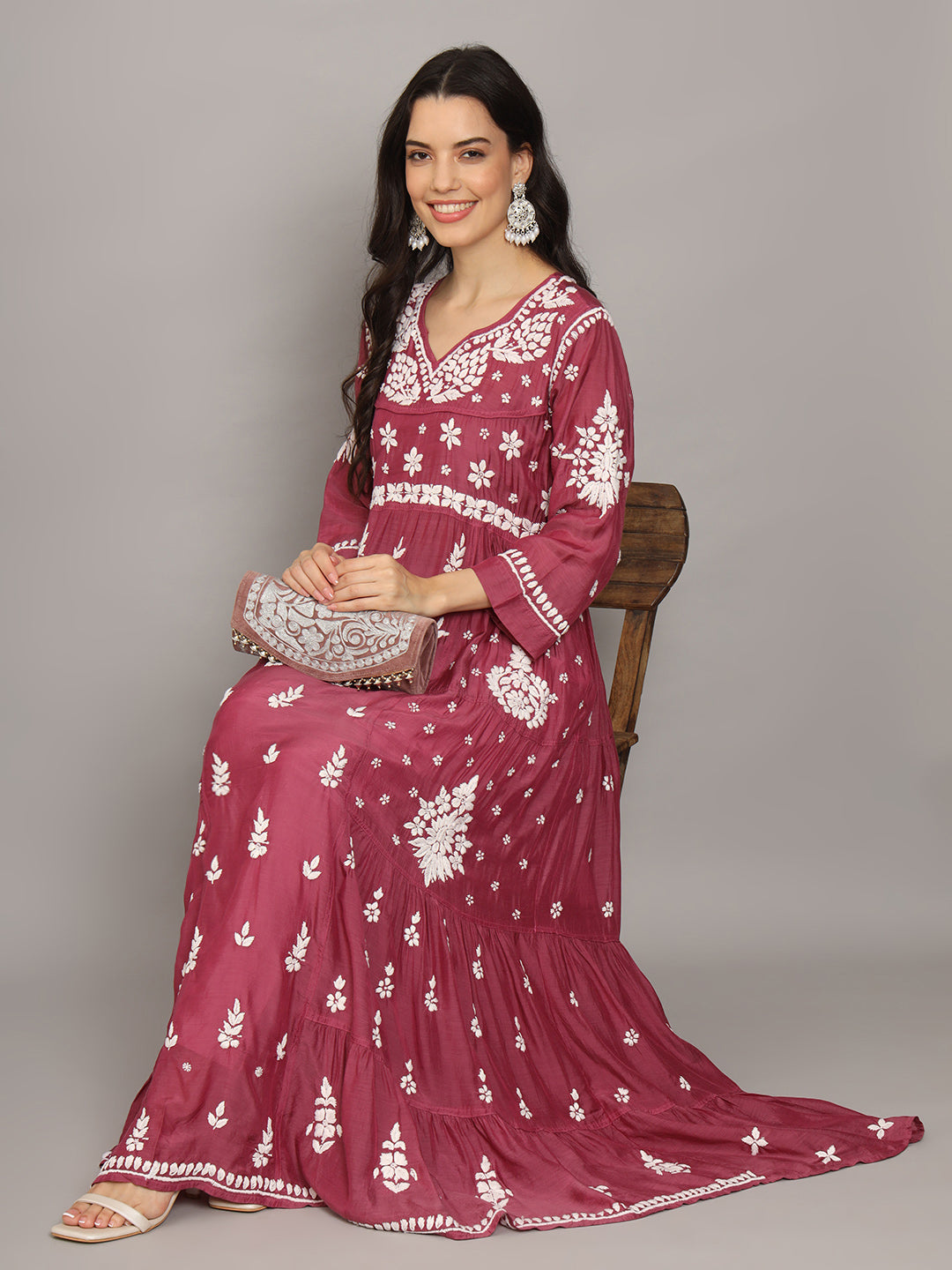 Women Hand Embroidered Chikankari Muslin Jalabiyas-AL4044 Purple