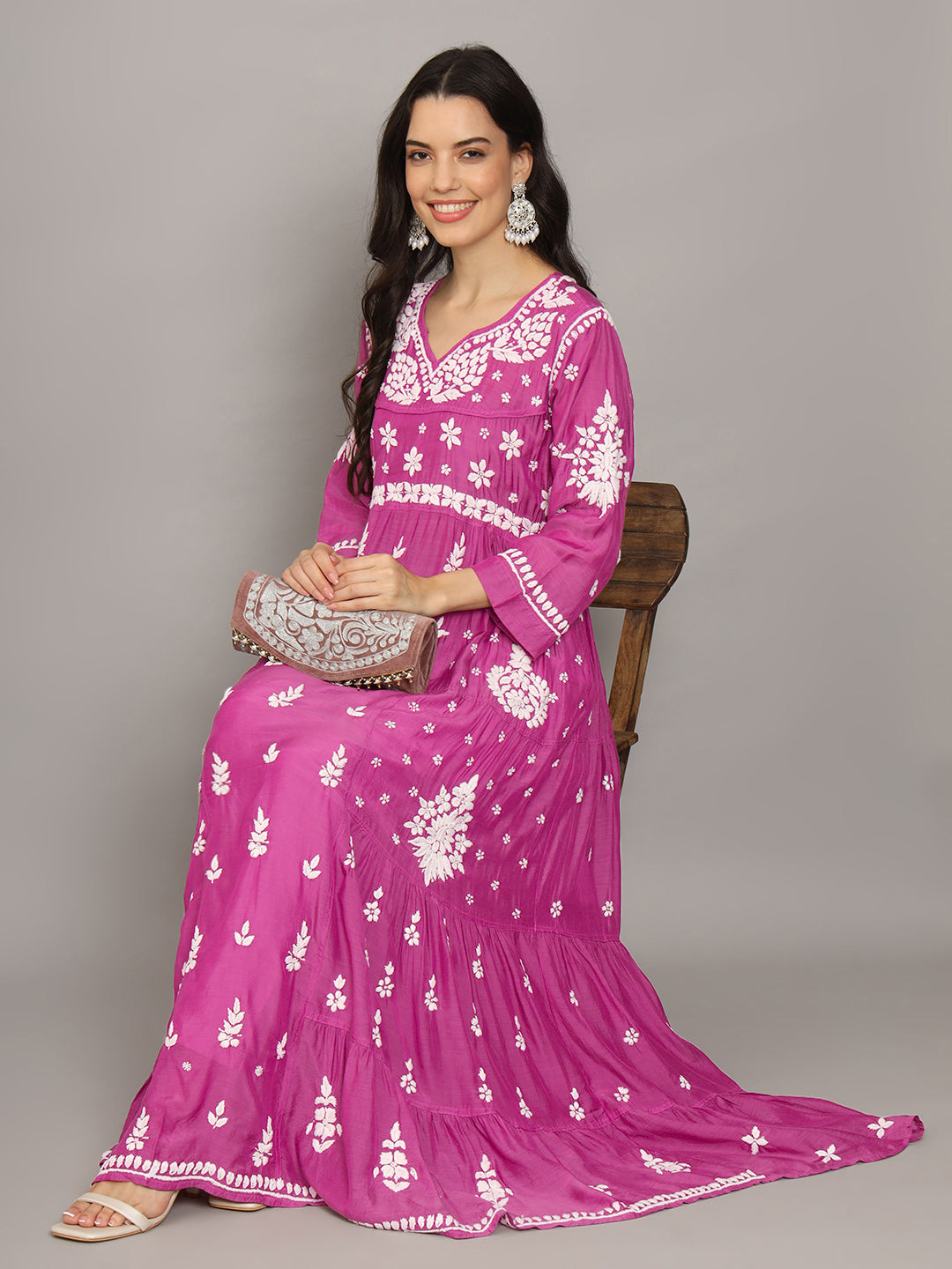 Women Hand Embroidered Chikankari Muslin Jalabiyas-AL4044 Pink