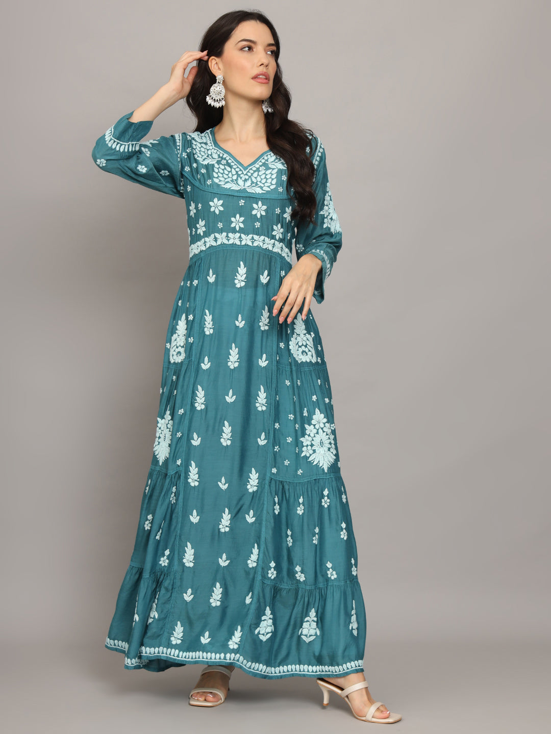 Women Hand Embroidered Chikankari Muslin Jalabiyas-AL4044 Green
