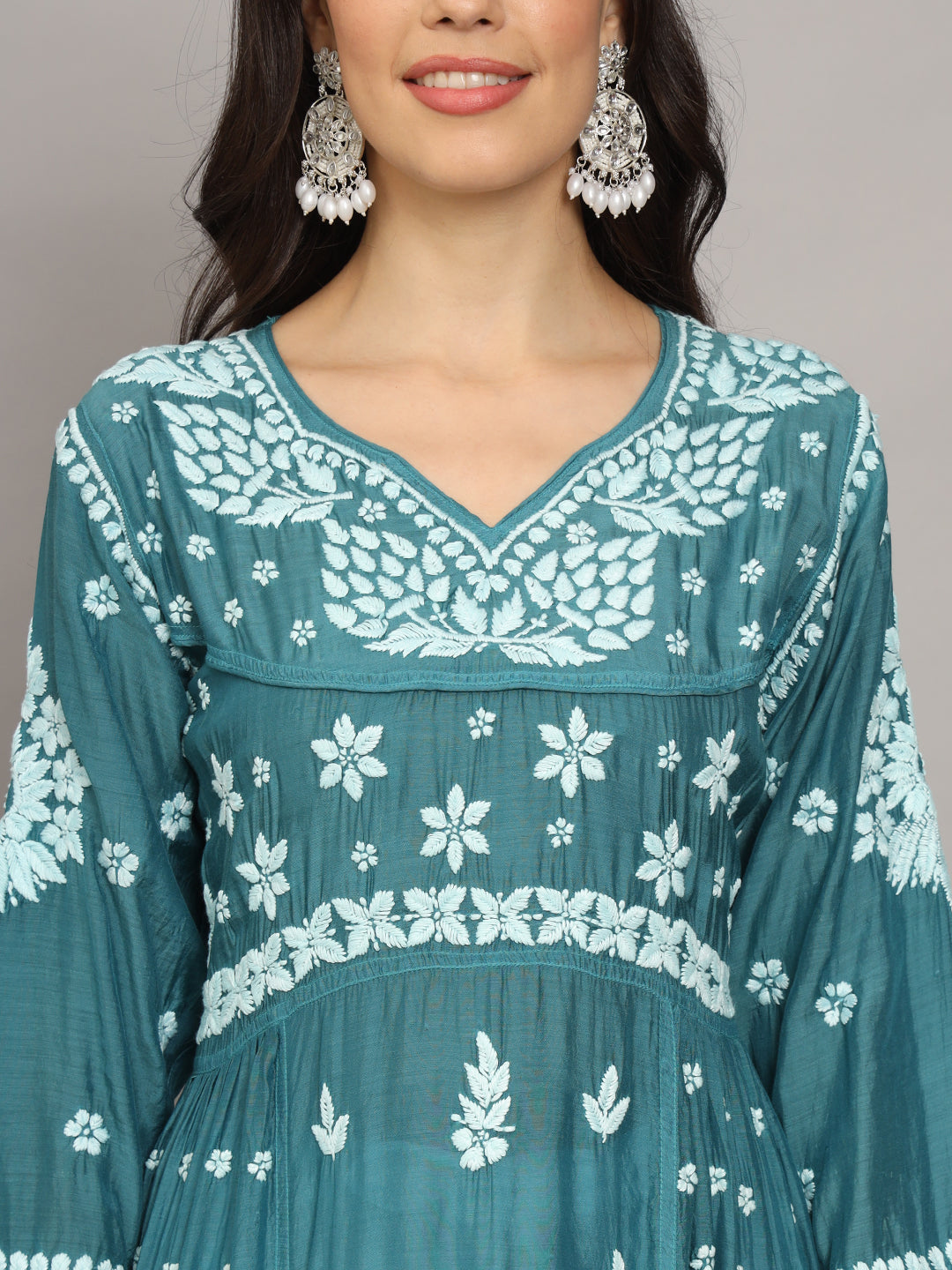 Women Hand Embroidered Chikankari Muslin Jalabiyas-AL4044 Green