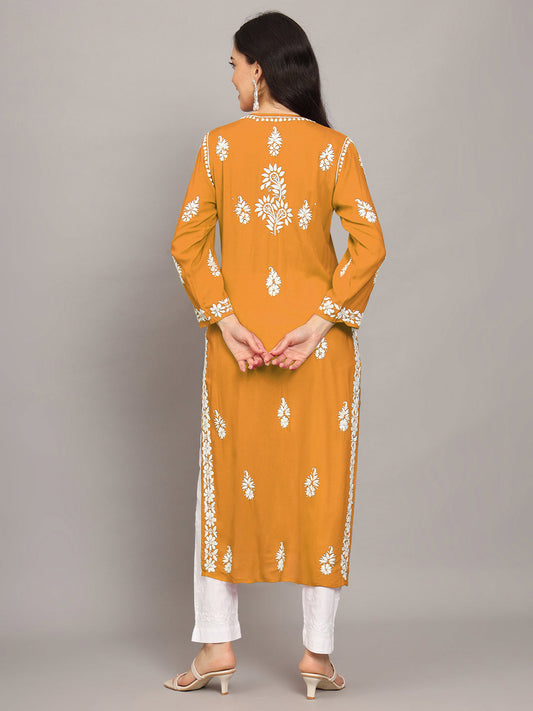 Women Chikankari Hand Embroidered Modal Kurta -AL4042 Mustard